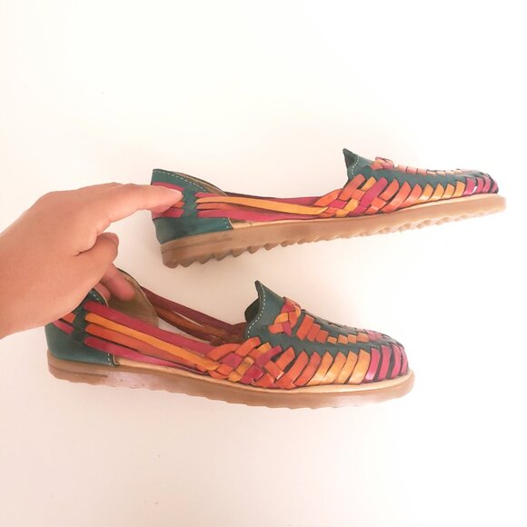 Linea Diamante Huaraches Green Colorful Leather Unisex Sandals Made in Mexico - Picture 4 of 13